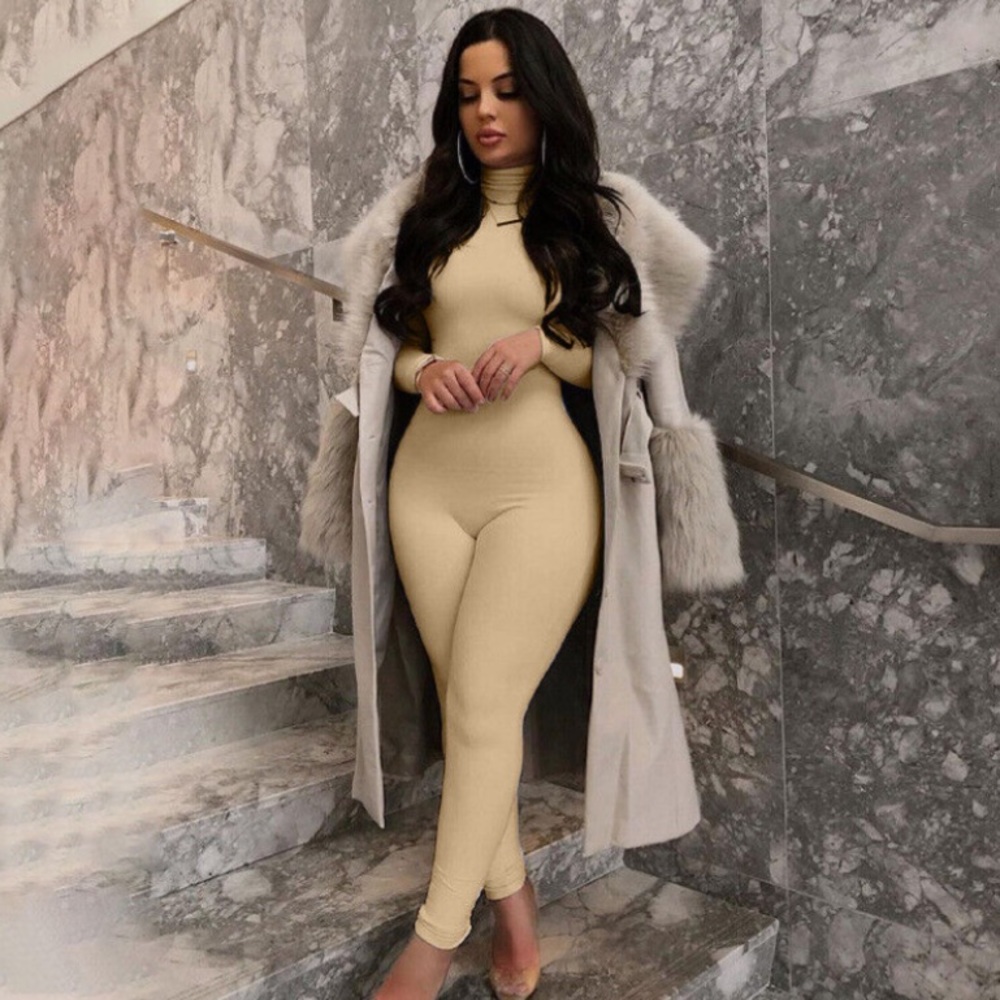 Tan High Neck Bodycon Jumpsuit